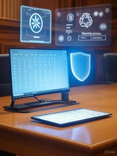 A futuristic cybersecurity workstation featuring a monitor, keyboard, and glowing holographic dashboards.