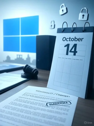 An October 14 calendar sits beside legal papers, a gavel, and floating locks against a Windows backdrop.