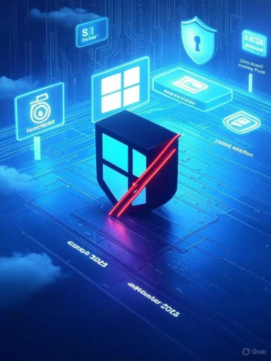 Futuristic cybersecurity scene with a shield and floating icons above a glowing circuit board.