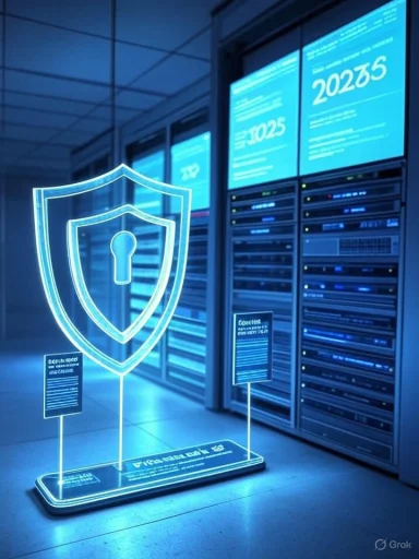 A glowing neon shield with a keyhole hovers beside blue-lit server racks in a data center.