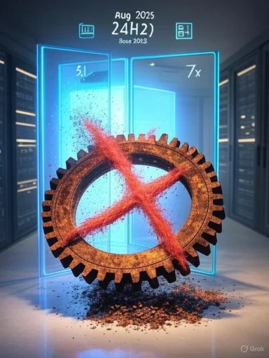Rusty gear with a red X lies in a neon-lit data center.