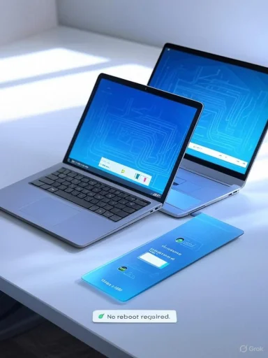 Two slim laptops on a white desk with blue screens and a blue card beside them.