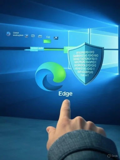 A finger points at the Edge logo on a Windows desktop.