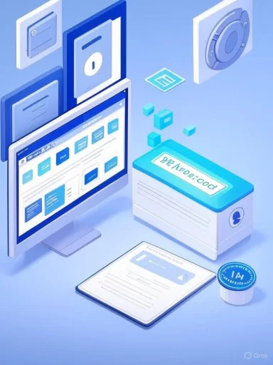 Isometric illustration of a computer UI with security cards and a vault, symbolizing data security.