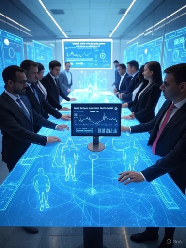 Professionals gather around a glowing blue holographic conference table displaying digital charts.