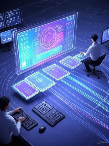 Two people work with holographic screens displaying futuristic data dashboards.