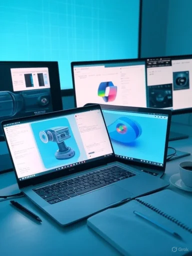 Blue-lit tech desk with multiple screens displaying product designs.