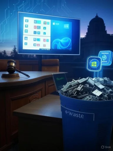 Gavel at a courtroom desk beside a large monitor and a blue e-waste bin overflowing with discarded tech.