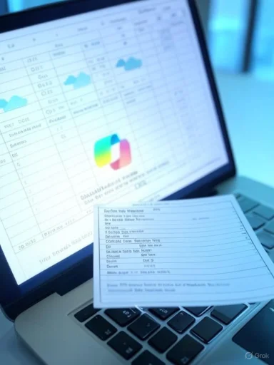 Open laptop displays a spreadsheet with charts; a printed form sits on the keyboard.