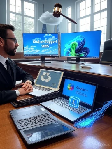 A lawyer sits in a courtroom-like setup as a floating gavel hovers over laptops.