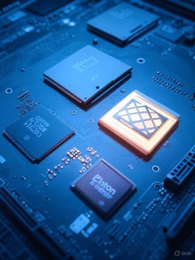 Close-up of a blue motherboard featuring multiple processor chips.