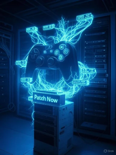 Blue neon art of a game controller with electric tendrils around server racks and a Patch Now sign.