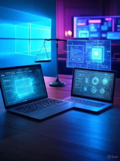 Two laptops with holographic displays glow blue as a balance scale sits between them.