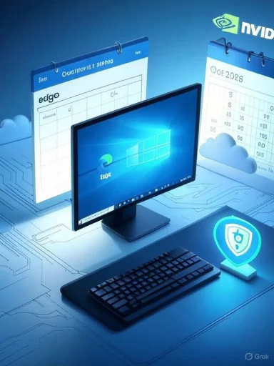 Blue-toned computer workspace with a security shield, cloud elements, and calendar screens.
