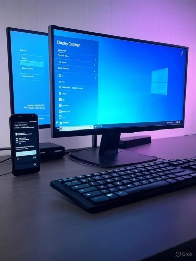 A Windows desktop setup with dual monitors, a backlit keyboard, and a smartphone mirroring the screen.