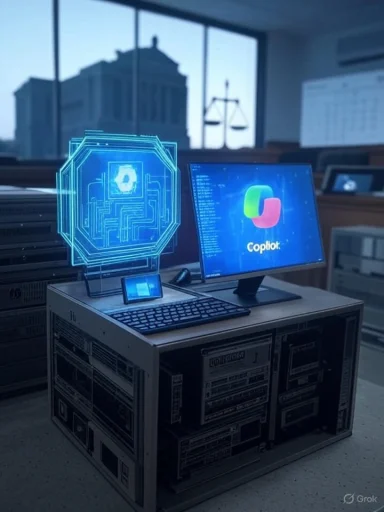 Futuristic desk featuring a glowing holographic octagonal circuit and a Copilot monitor.