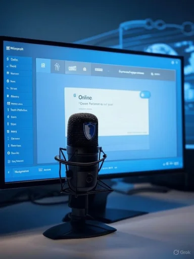 A microphone on a stand in front of a blue-lit computer monitor.