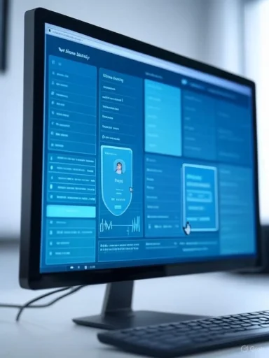 A computer monitor displays a blue dashboard with cards and charts.