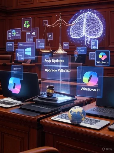 A courtroom scene with holographic screens, a gavel, scales of justice, and a glowing brain.