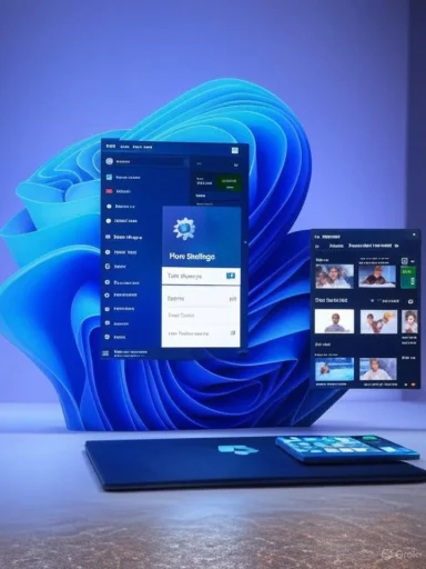 A futuristic Windows desktop setup with floating screens above a sleek laptop.