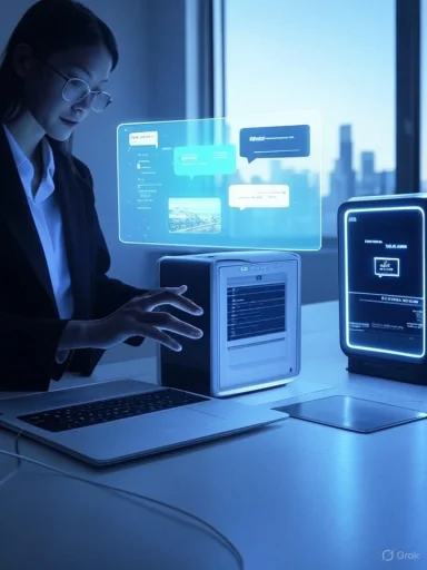 A businesswoman uses a laptop with holographic blue screens and futuristic devices.