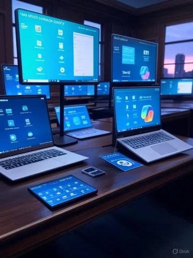 A tech showroom with multiple laptops and large monitors displaying blue interfaces.