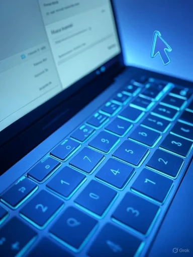 Blue-lit laptop keyboard in focus, with a glowing cursor arrow on the screen.
