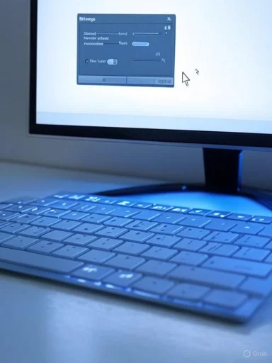 Blue-tinted setup with a monitor showing a settings window and a keyboard.