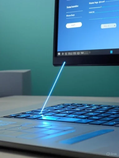 A laptop emits a glowing blue laser line from the screen onto the keyboard.