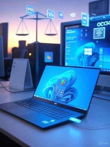 A sleek laptop and monitor glow blue in a futuristic office with holographic icons.