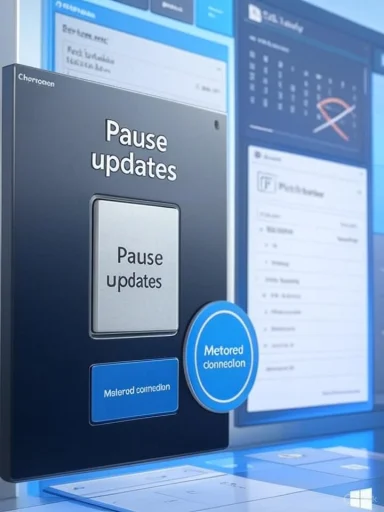 A software UI panel shows 'Pause updates' with a blue 'Metered connection' button.