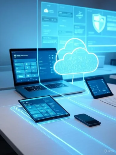 Laptops, tablets and phones connect to a glowing cloud in a blue holographic display.