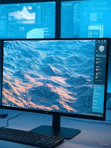 A desktop monitor shows a blue wireframe wave pattern with orange highlights, keyboard in foreground.