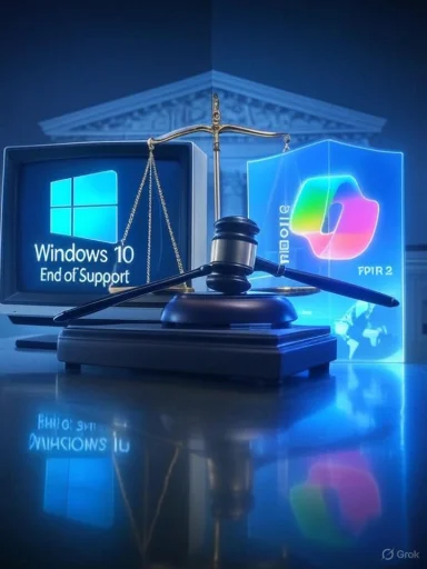 A judge's gavel and scales sit before Windows 10 End of Support and a Microsoft display.