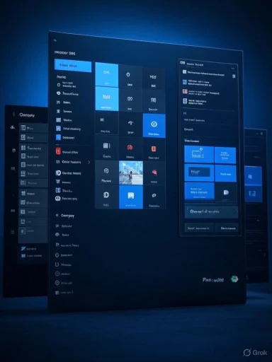 A dark blue, futuristic dashboard showing Windows-like tiled panels.
