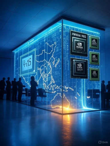 Futuristic glass-walled conference room glowing with a blue map and awards, silhouettes of people nearby.
