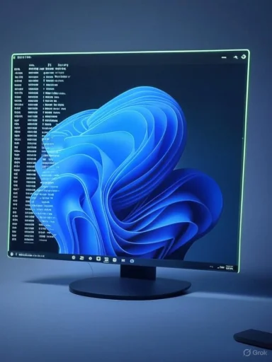 A curved monitor with a lime-green bezel on a circular stand displays a blue abstract wallpaper.