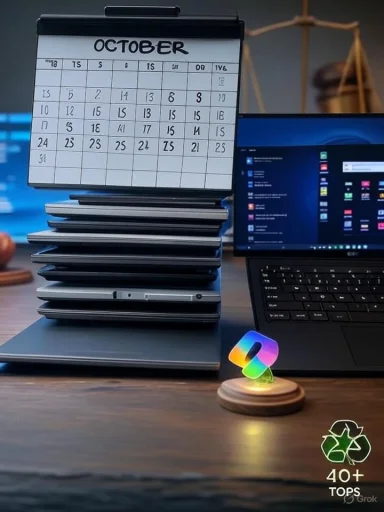 Calendar perched on a stack of laptops beside an open laptop and a glowing rainbow ornament.