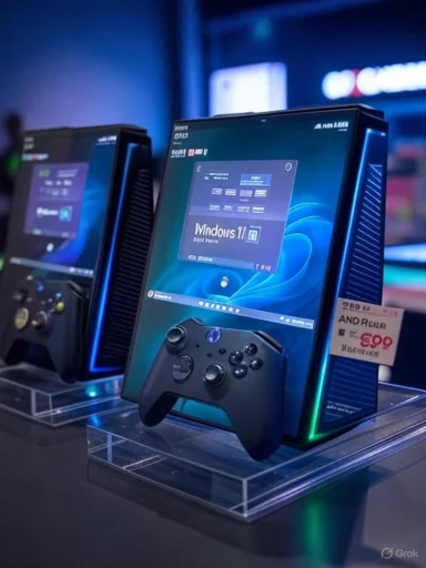Gaming PCs on display in a store, showcasing Windows 11 with a game controller.