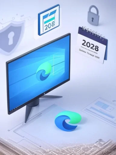 Futuristic scene with the Edge logo on a monitor and security icons, including a 2028 calendar.
