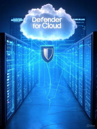 A blue-lit data center with a cloud graphic reading “Defender for Cloud” and a shield emblem.
