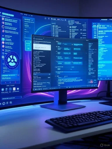 Curved, blue-lit multi-monitor computer setup with a keyboard on a white desk.