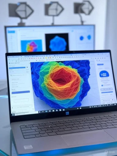 A laptop shows a vivid 3D rainbow wireframe sphere in a design app.