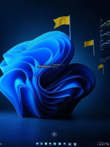 Abstract blue ribbon sculpture with yellow flags against a dark background.