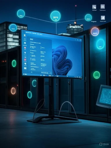 A data center scene with glowing holographic nodes surrounding a large monitor on a stand.