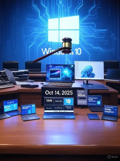 A judge's gavel hovers over a Windows 10 display in a tech conference room.