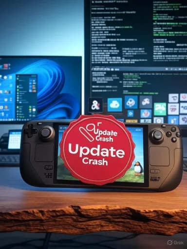 A handheld gaming console on a wooden desk shows a large red Update Crash badge on its screen.