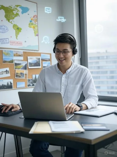 Person wearing a headset works on a laptop in a bright, organized office.