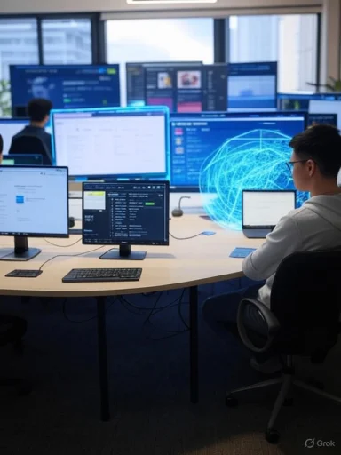 A modern control room filled with multiple monitors displaying dashboards.