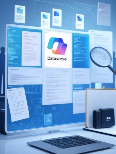 A futuristic data visualization wall centered on the Dataverse logo, surrounded by digital documents.